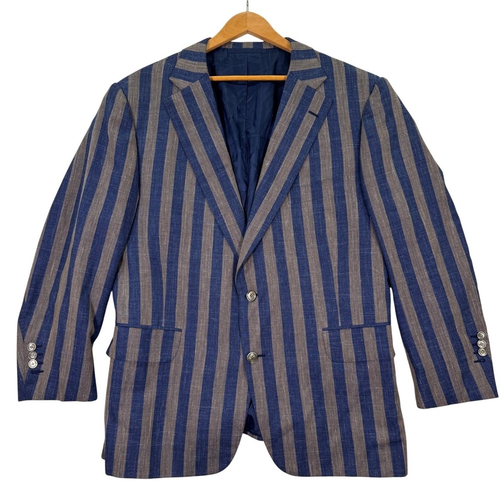 Leonard Logsdail Bespoke Men's 42S Striped Linen Blue Grey Custom Fit Sport Coat